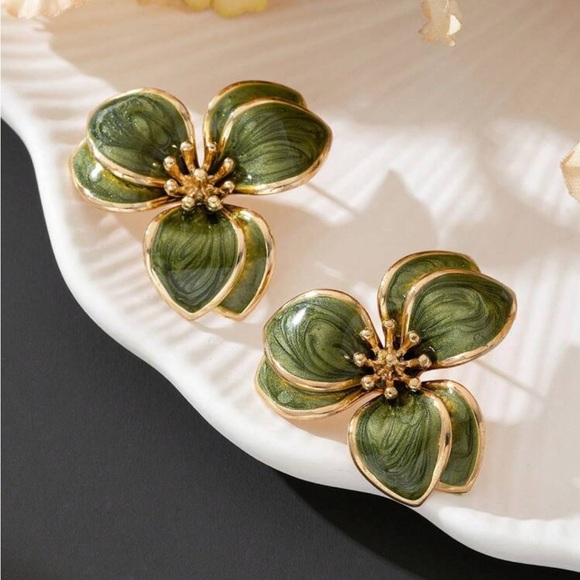 Green and Gold Statement Floral Earrings - Picture 2 of 5